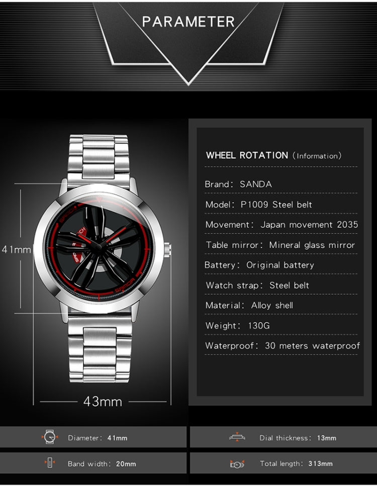 Watch front view with steel bracelet and black dial, red accents; dimension info layout