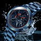 Men's waterproof-style analog watch with blue steel band, black dial with red accents
