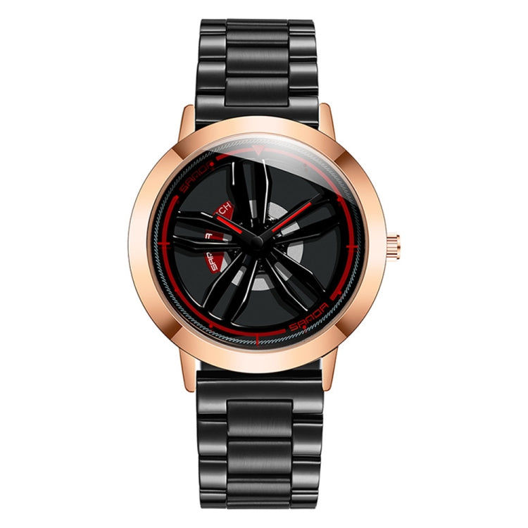 Rose-gold stainless-steel watch with black racing-wheel dial and red accents.