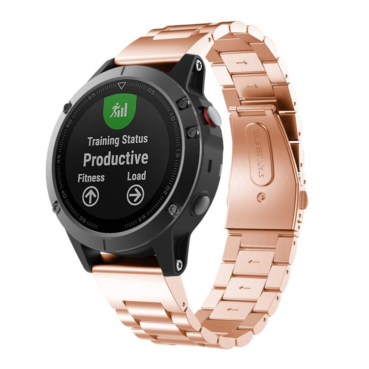 Three-bead stainless steel watch band in rose gold with metal link segments