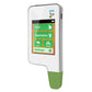 Food nitrate safety detector with touchscreen and green handheld probe, side view