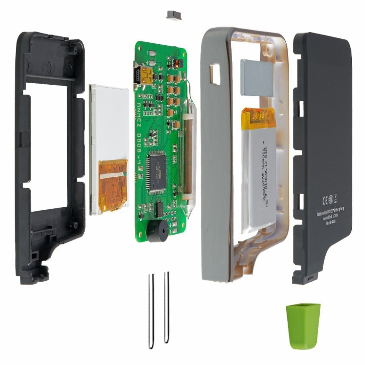 Nitrate tester open case with circuit board, display module, and two test probes