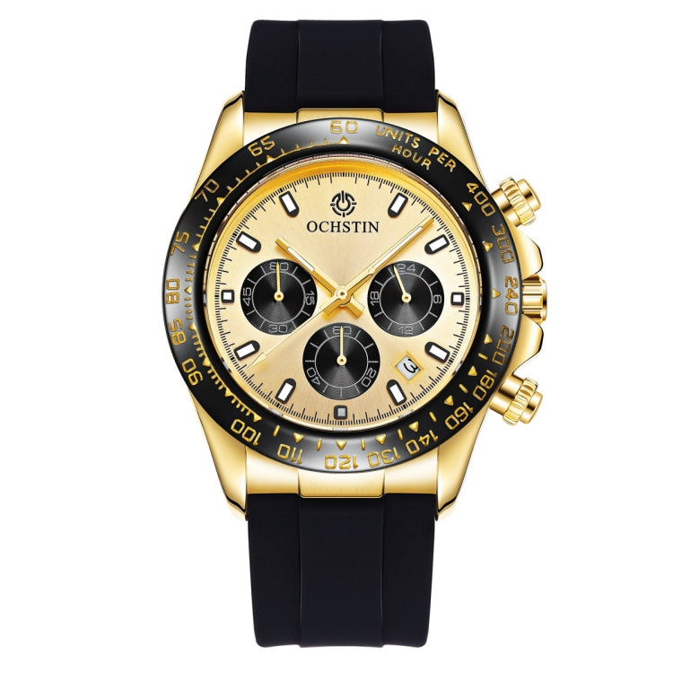 Gold-tone quartz chronograph watch with black silicone band, round dial with subdials