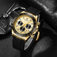 Gold-tone quartz chronograph with black silicone band, white dial and bezel with markers