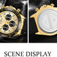 Gold quartz chronograph watch on black silicone strap, front dial and caseback views