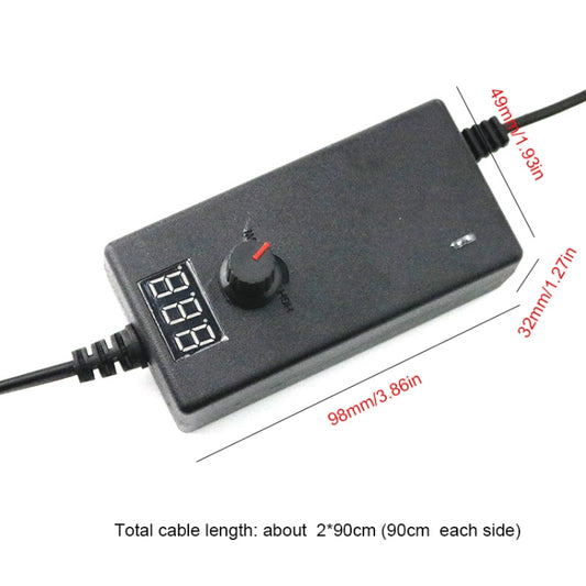 Black adjustable AC-DC power adapter with digital display, red switch, and cable