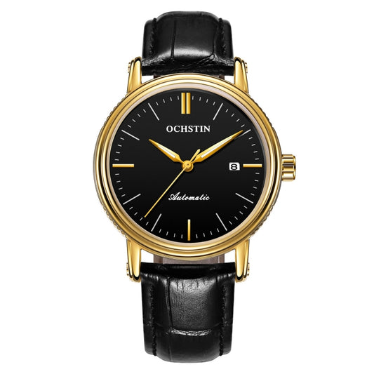 Men's automatic mechanical watch with black dial, gold bezel, black leather strap