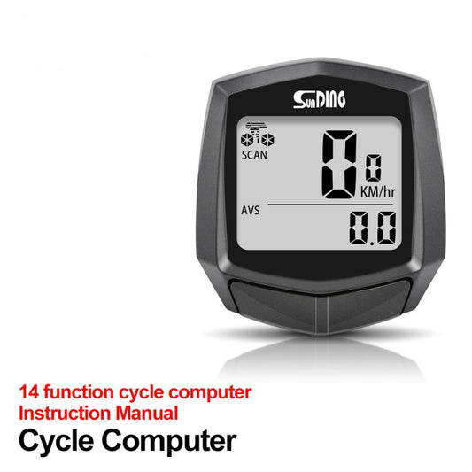 Bike cycle computer front view with LCD showing 14 km/h and 0.0