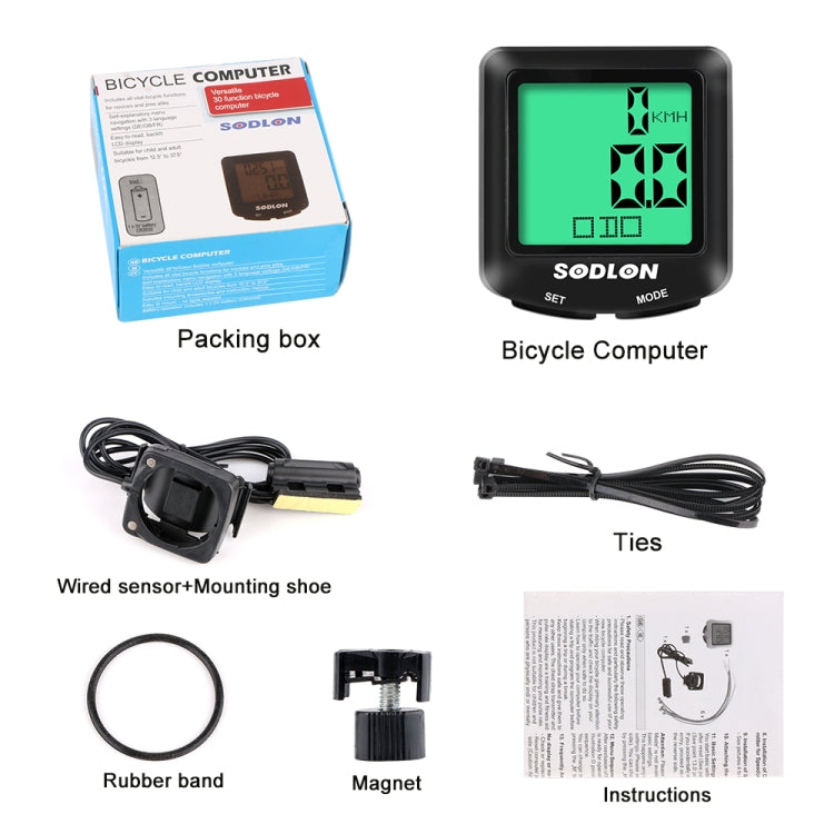 Bicycle computer kit layout with wired sensor, mounting clips, ties, rubber band, manual