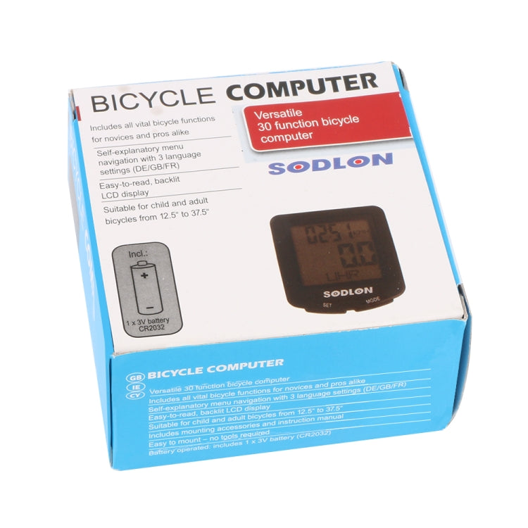 Bicycle computer retail box packaging with LCD unit photo and feature text