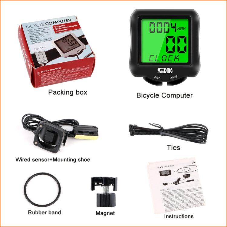 Bicycle computer kit with LCD unit, wired sensor, mounting shoe, ties, instructions