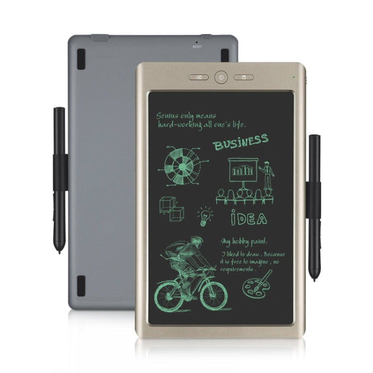 9-inch smart digital drawing board front and back view with stylus pens, beige and dark gray