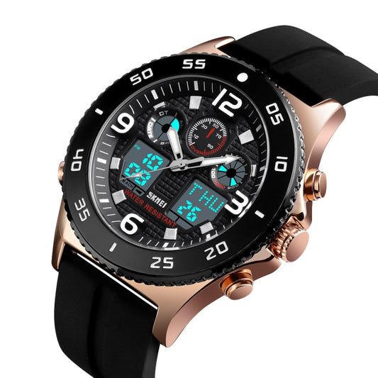Angled men's sports watch with black dial, rose-gold case, and black silicone strap