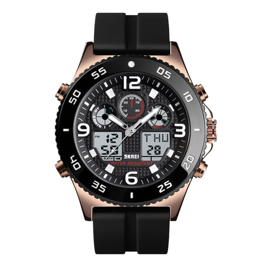 Men's multi-function sports watch with black dial, rose-gold case, and black silicone strap