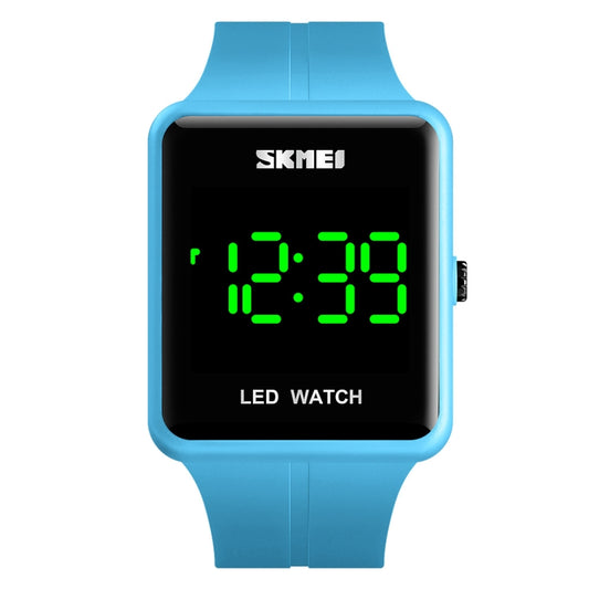 Blue square LED digital watch with black face, green time display, silicone strap