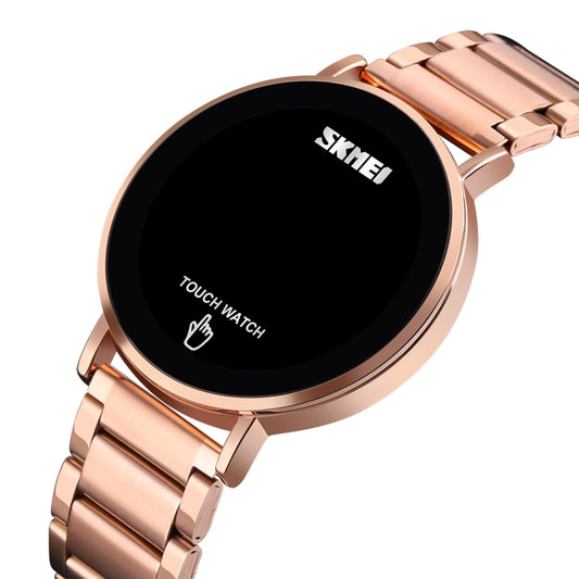 Rose gold men’s touch LED watch, round bezel and stainless-steel link band, black dial