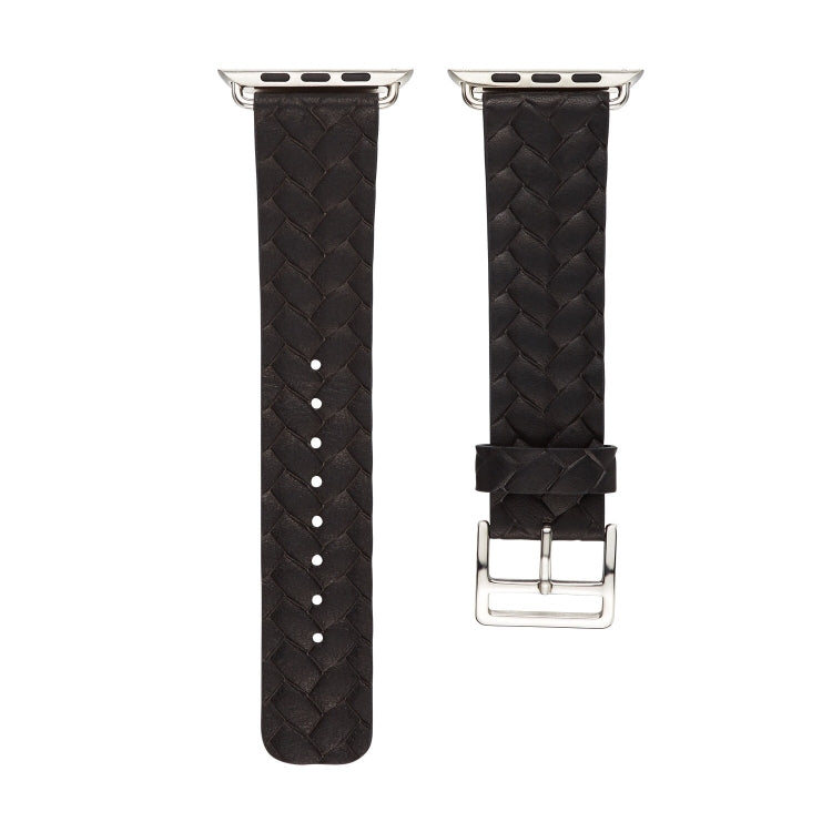 Black braided leather-look watch band with metal buckle and adjustment holes