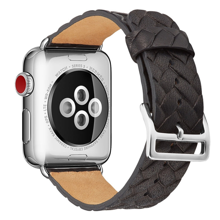 Dark braided leather-look watch strap with metal buckle, tan underside