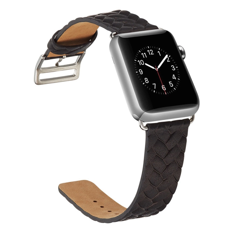 Dark braided leather-look watch strap with metal buckle, curved fit