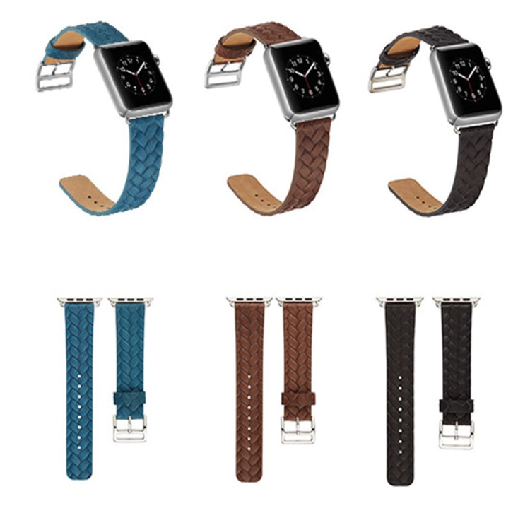 Three braided watch bands shown in blue, brown, and black with metal buckles