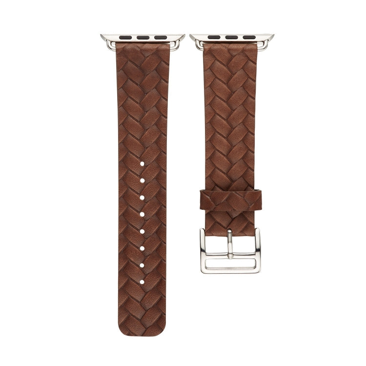 Brown braided leather-look watch band with metal buckle and adjustment holes
