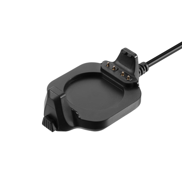 Black smartwatch charging cradle with metal contact pins and cable connector