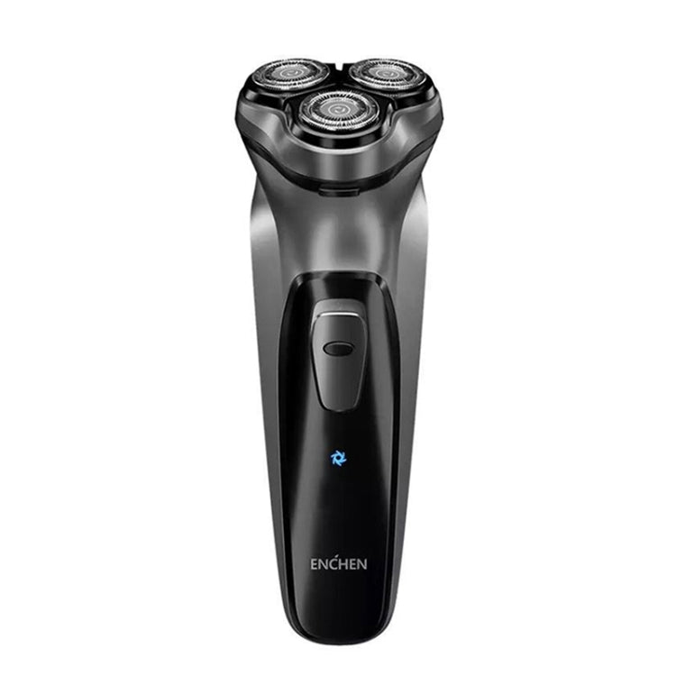 Portable electric rotary shaver with three circular heads, black body and silver top (ENCHEN)