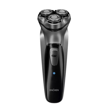 Portable electric rotary shaver with three circular heads, black body and silver top (ENCHEN)