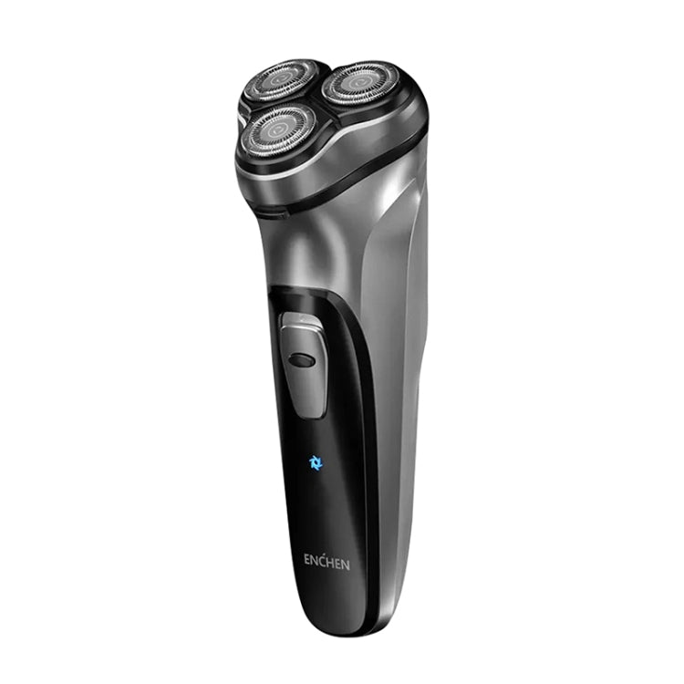 Portable electric rotary shaver angled view, showing three shaving heads and side power button (ENCHEN)