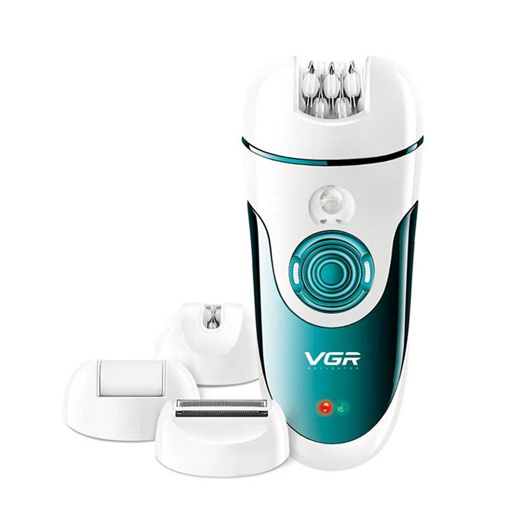 VGR electric hair remover with four cutter heads and charging base, white and teal