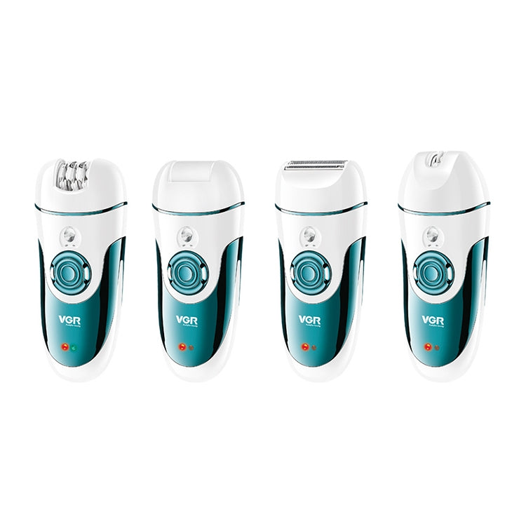 VGR electric hair remover, white and teal body, front views of different head options