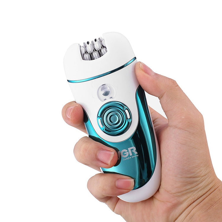 VGR electric hair remover handheld, white and teal with rotating teal ring head