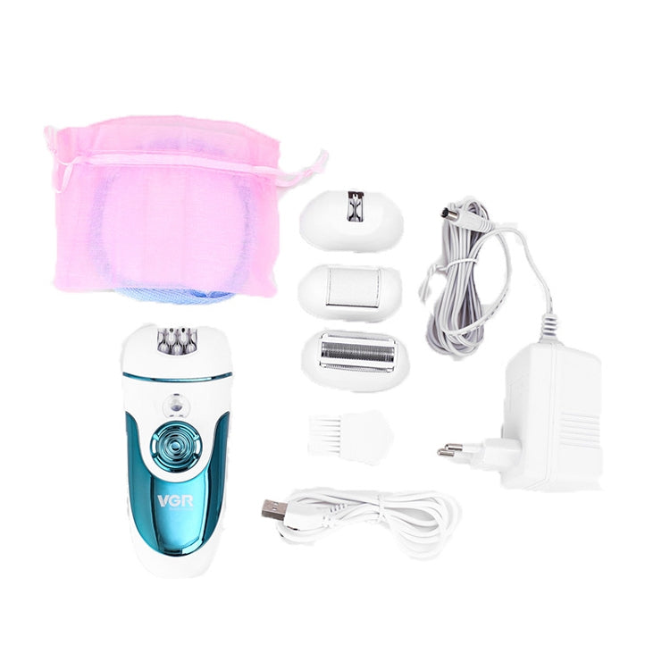 VGR electric hair remover set with four heads, cords, charger, and cleaning cloth