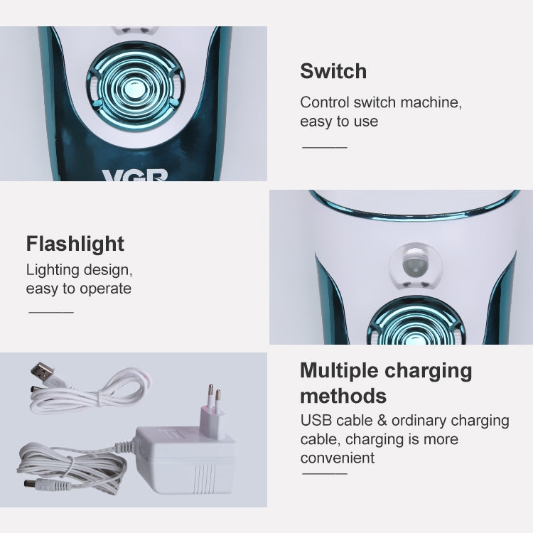 VGR electric hair remover close-up, rotating teal ring and control switch