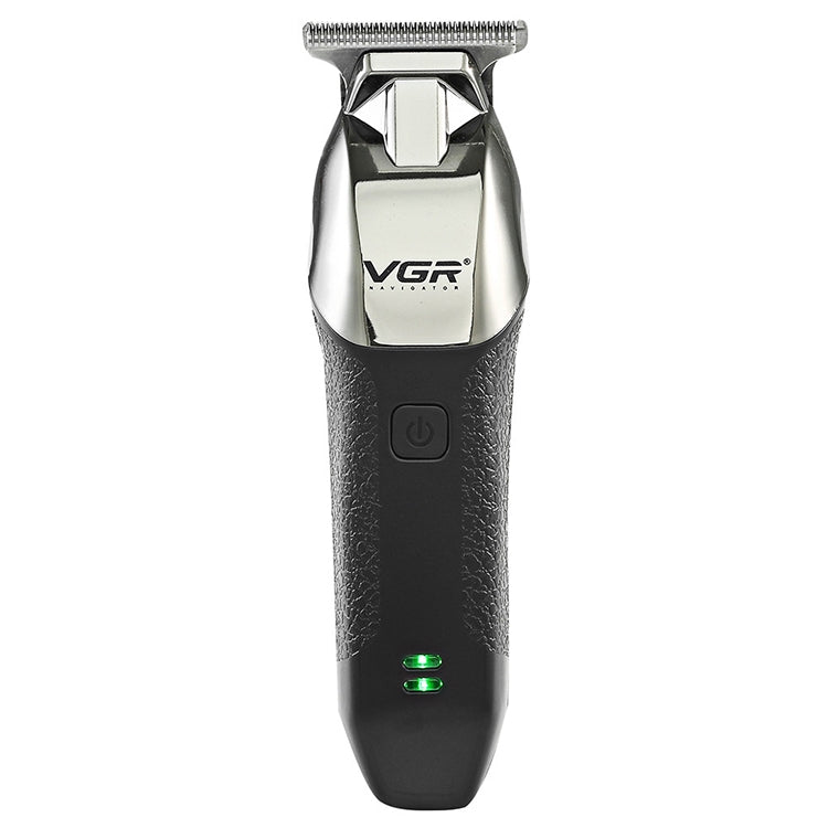 Cordless electric hair trimmer with metallic guard and black textured handle