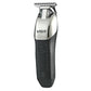 Cordless electric hair trimmer side view with metallic head and black textured grip