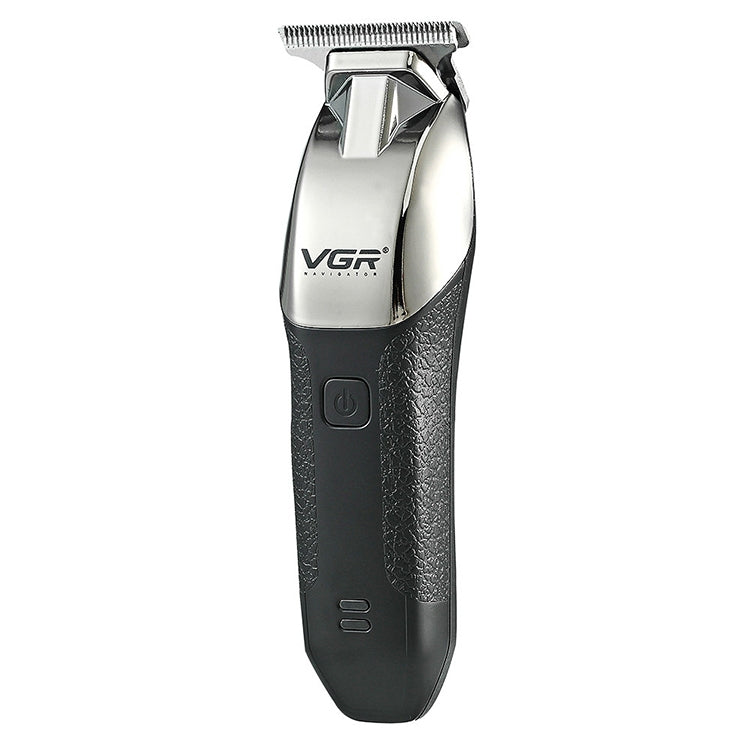 Cordless electric hair trimmer side view with metallic head and black textured grip