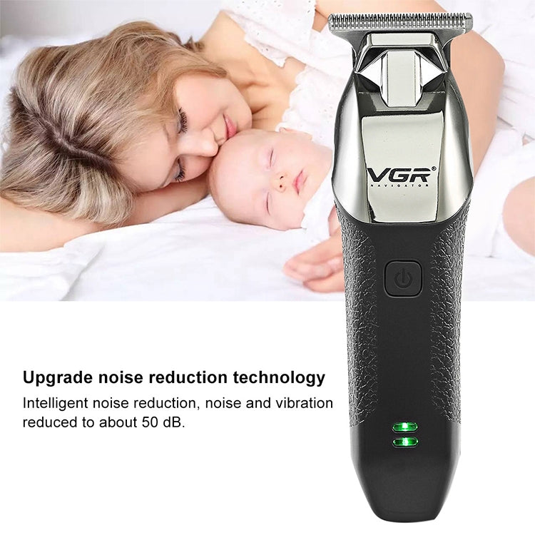 Cordless electric hair clipper with metal cutting head and power button, black body
