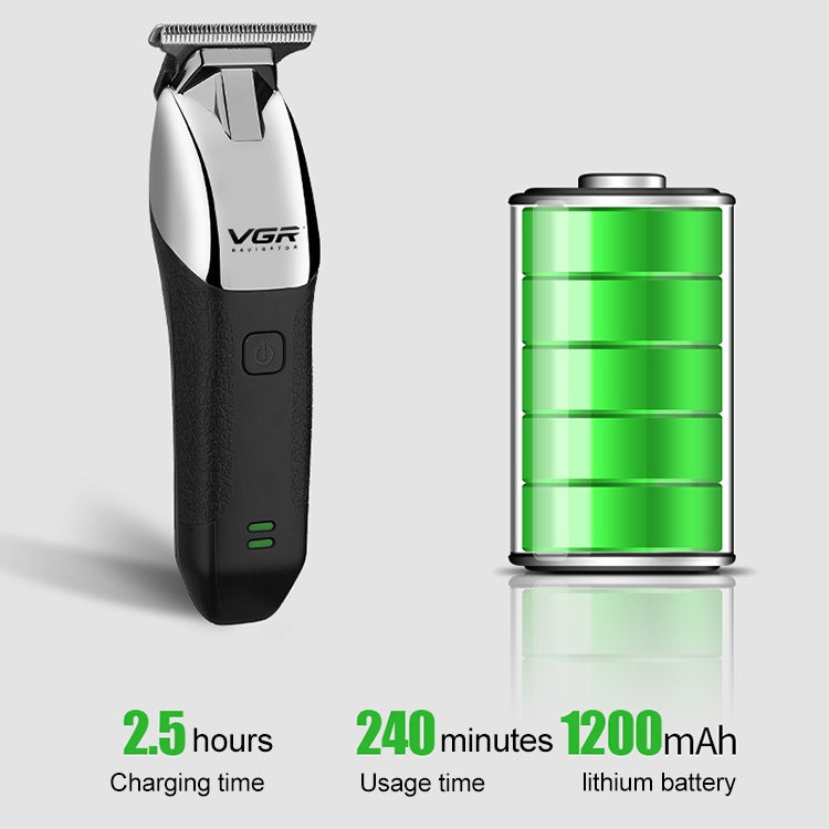 Cordless electric hair clipper with green battery indicator and charging-time graphic