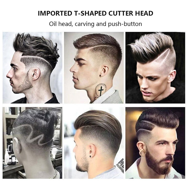 T-shaped cutter head haircut style guide showing multiple fade and trim views
