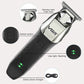Electric hair trimmer with stainless cutter head, power button, and charging base