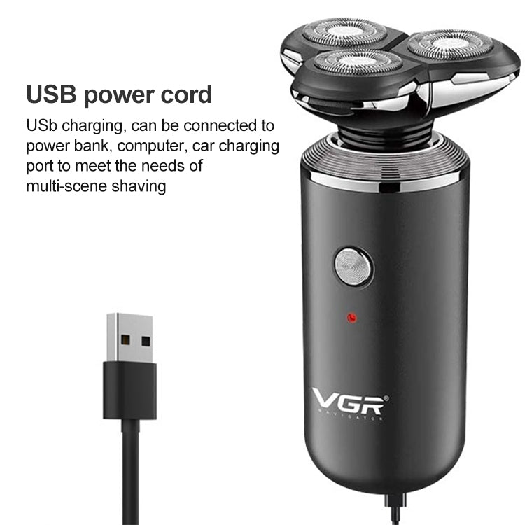 VGR electric shaver showing USB power cord connection with black charging cable