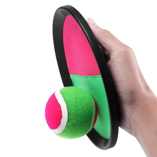 Handheld sticky target ball with neon pink and green foam ball on black base