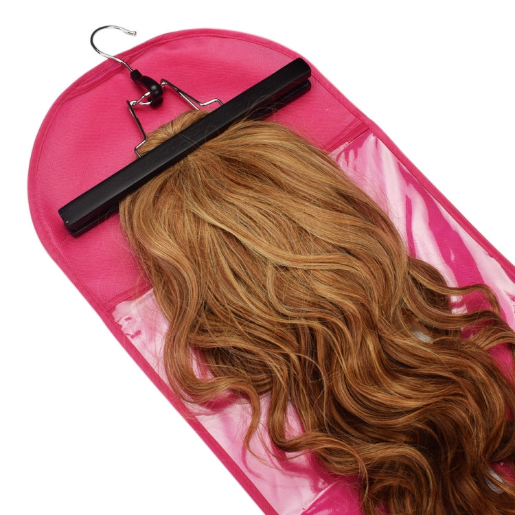 Pink dust-proof hair extension storage bag with clear window and hair inside on hook