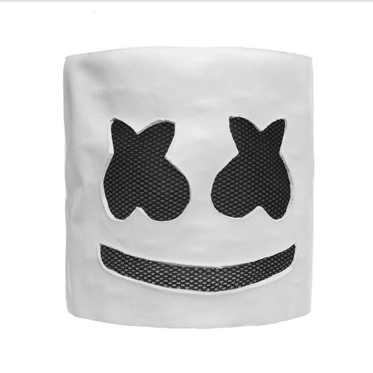 White latex DJ cosplay helmet with black cat-face smiley graphic