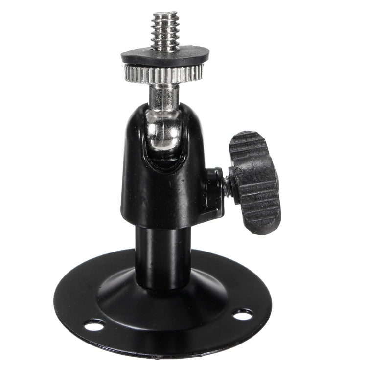 Black metal CCTV wall mount bracket with circular base and swivel joint
