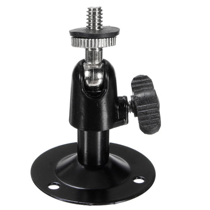 Black metal CCTV wall mount bracket with circular base and swivel joint