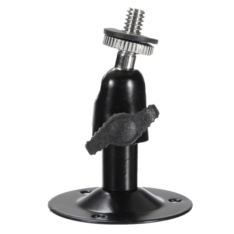 Black metal CCTV bracket with circular base, long threaded stud, and mounting slot