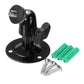 Black CCTV wall mount bracket kit: base, swivel joint, screws, and green anchors