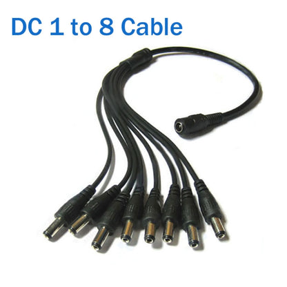 DC power splitter adapter cable with one DC plug and eight barrel connectors, black